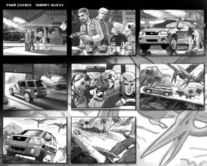 Dave OConnell, Johnny Quest , Cartoon, Ford, Black & white storyboard